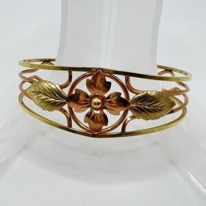 Vintage Cuff Bracelet Rose Flower Cut Out Design Rose & Gold Tone Size 6.5
